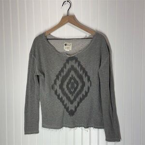 Billabong Gray Aztec Ikat Graphic Sweatshirt M Raw Hem Distressed Boho Pullover